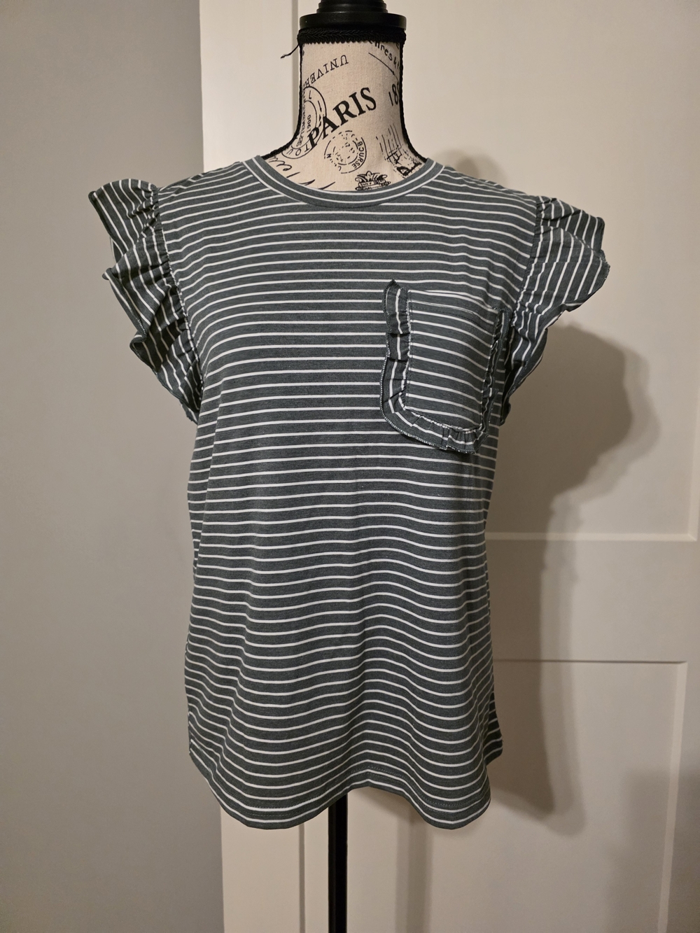 Striped Ruffle Sleeve Pocket Top -NWT